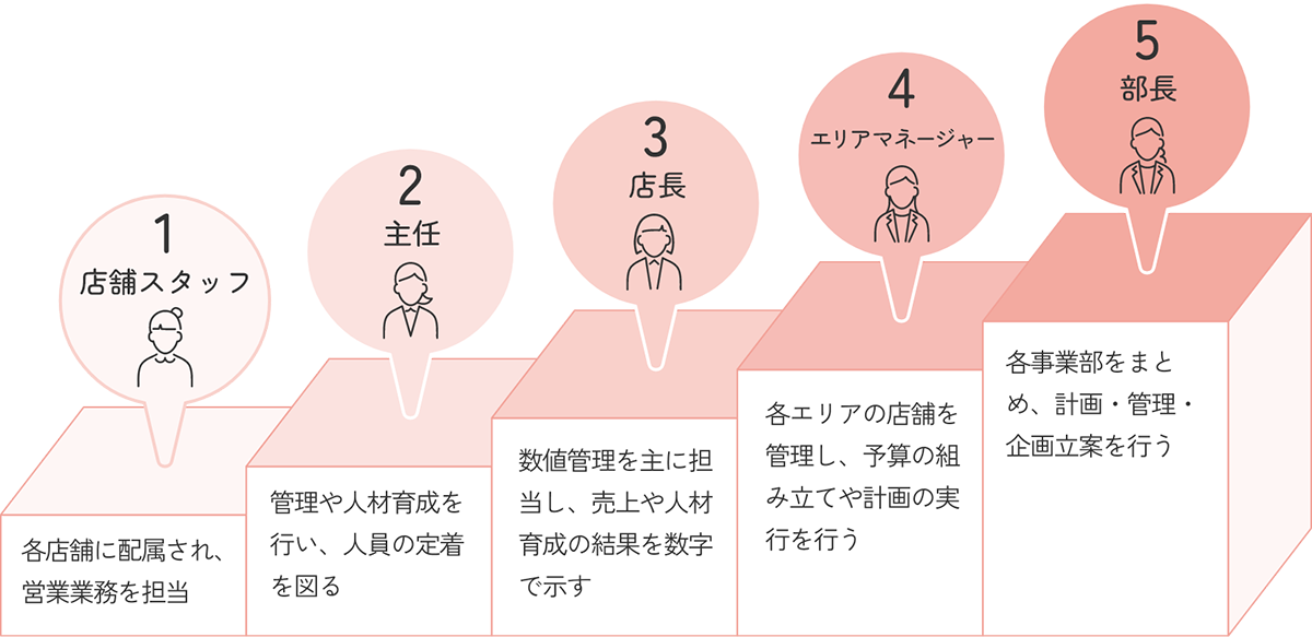 1. 店舗スタッフ：各店舗に配属され、営業業務を担当 / 2. 主任：管理や人材育成を行い、人員の定着を図る / 3. 店長：数値管理を主に担当し、売上や人材育成の結果を数字で示す / 4. エリアマネージャー：各エリアの店舗を管理し、予算の組み立てや計画の実行を行う / 5. 部長：各事業部をまとめ、計画・管理・企画立案を行う